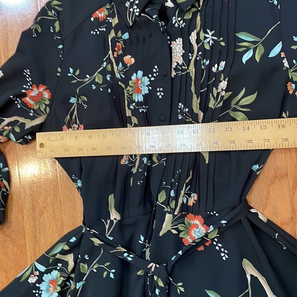 Nanette by Nanette Lepore Black Floral Pin tuck Dress Size 10 Tie Waist Buttons - Picture 8 of 14